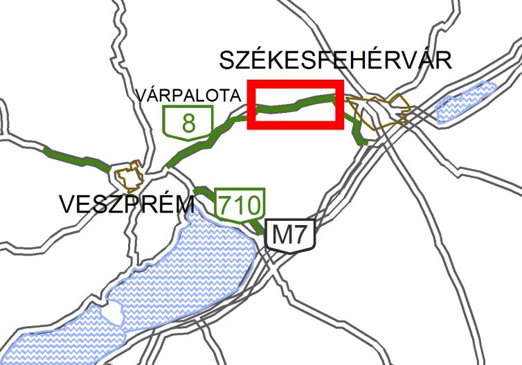 8 sz. főút 15+000-24+200 (9,2 km) Székesfehérvár - Várpalota sávszám, sávszélesség 2x2 s k =3,50 m; s b =3,50 m fizikai elválasztás (szélessége) (fényvédő elemekkel) 2,5 m padka/üzemi sáv keskeny