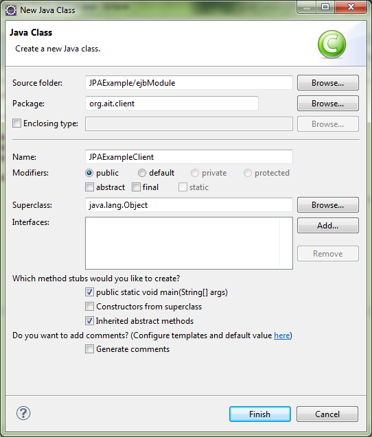 Az JPAExampleClient tartalma legyen a következő: package org.ait.client; import java.sql.date; import java.util.list; import javax.naming.context; import javax.naming.namingexception; import org.