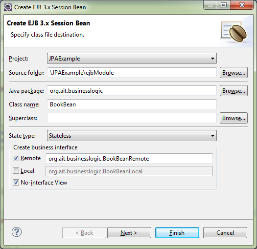 A csomag név legyen org.ait.businesslogic, az osztály neve pedig BookBean. Az állapotok közül válasszuk a Stateless-t.