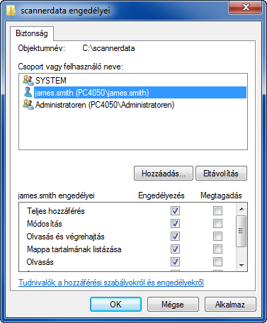A készülék alapvető funkciói 6 Jelölje ki a beírt felhasználót, jelölje be a Módosítás és az Olvasás engedélyeket, majd kattintson az OK gombra. Windows XP esetén lépjen a 8. pontra.
