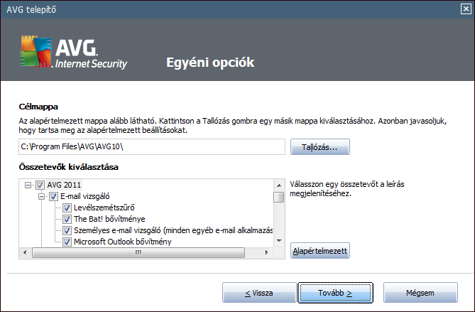 A legtöbb felhasználó számára a szokásos Gyors telepítést ajánljuk, mivel az teljesen automatikusan telepíti az AVG programot a gyártó által elore megadott beállításokkal.