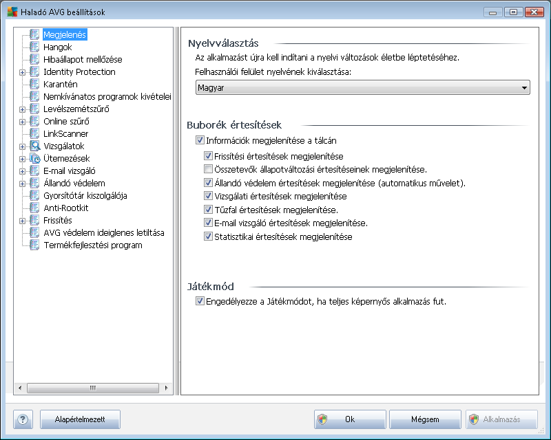 9. AVG Haladó beállítások Az AVG Internet Security 2011 egy új ablakot nyit meg Haladó AVG beállítások néven.