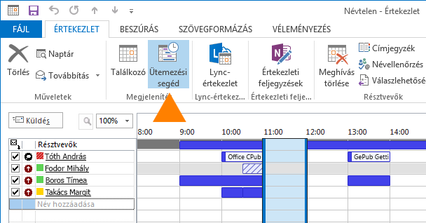 Találkozó ütemezése 1. Kattintson a Naptár elemre a navigációs sávon. 2. A menüszalagon kattintson az Új találkozó gombra. Értekezlet ütemezése más résztvevőkkel 1.