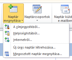 Naptár megosztása: jobb gomb a naptár nevén, Megosztás menüpont / Naptár megosztása. A megjelenő ablakban válasszuk ki azokat, akikkel megosztanánk a naptárunkat.