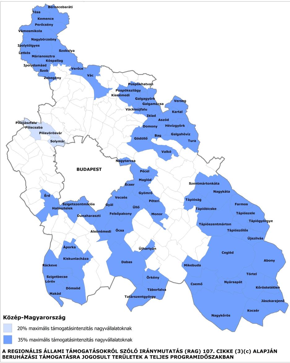 A 2014-2020 PROGRAMOZÁSI IDŐSZAK VÉGREHAJTÁS MAXIMÁLIS TÁMOGATÁSINTENZITÁSOK Nagyvállalat Középvállalat Kisvállalat Budapest 0 10 % 20 % Pest megye 0 10 % 20 % Pest megye c) kategóriás - 35%- os