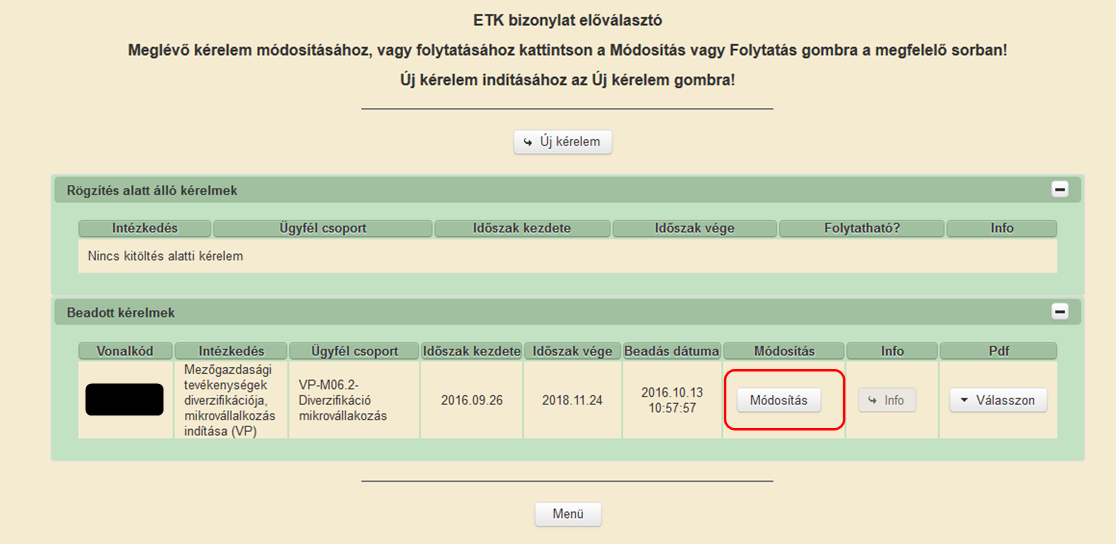 3. Ezt követően az EMVA ENTER2 ETK bizonylat előválasztó felület jelenik meg, amin lehetősége van: a. új kérelem kitöltésének indítására az gomb megnyomásával; b.