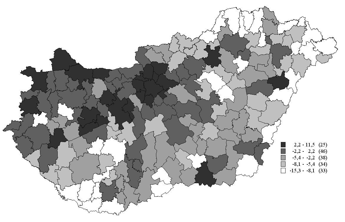 92 Ferencz Zoltán: A társadalmi participáció mechanizmusainak bemutatása Magyarországon Figyelemre méltó, hogy ezek az országos átlagnál jobb életkörülményeket nyújtó települések, mennyire