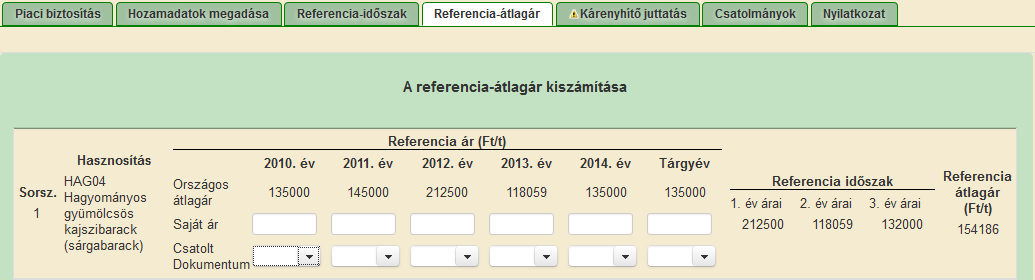 Referencia-átlagár-fül: Referencia átlagár (ezer Ft/t) a hasznosításhoz tartozó Referencia időszak oszlopban található referencia árak átlaga.