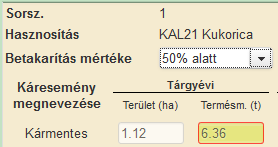 Betakarítás mértéke: legördülő menü 50% alatt / 50% felett értékkel.