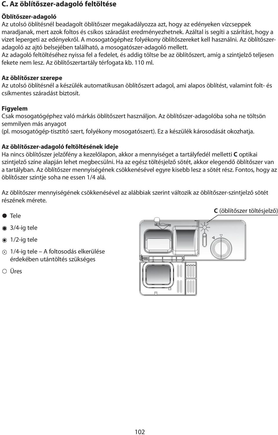 Az öblítőszeradagoló az ajtó belsejében található, a mosogatószer-adagoló mellett.