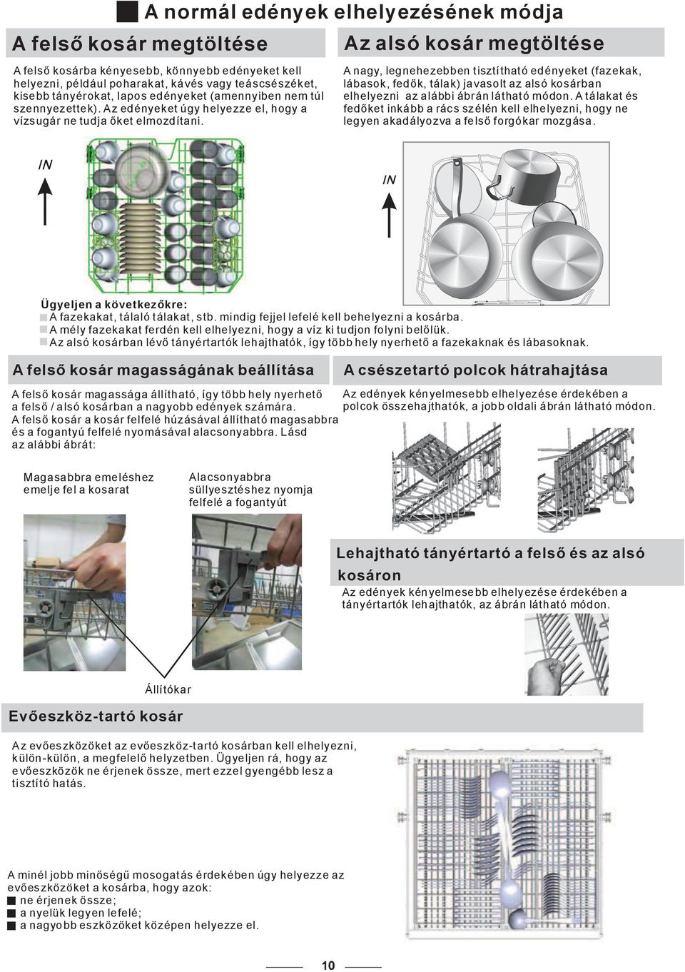 Azalsókosármegtöltése A nagy, legnehezebben tisztítható edényeket(fazekak, lábasok,fedk,tálak)javasoltazalsókosárban elhelyezni az alábbi ábrán látható módon.