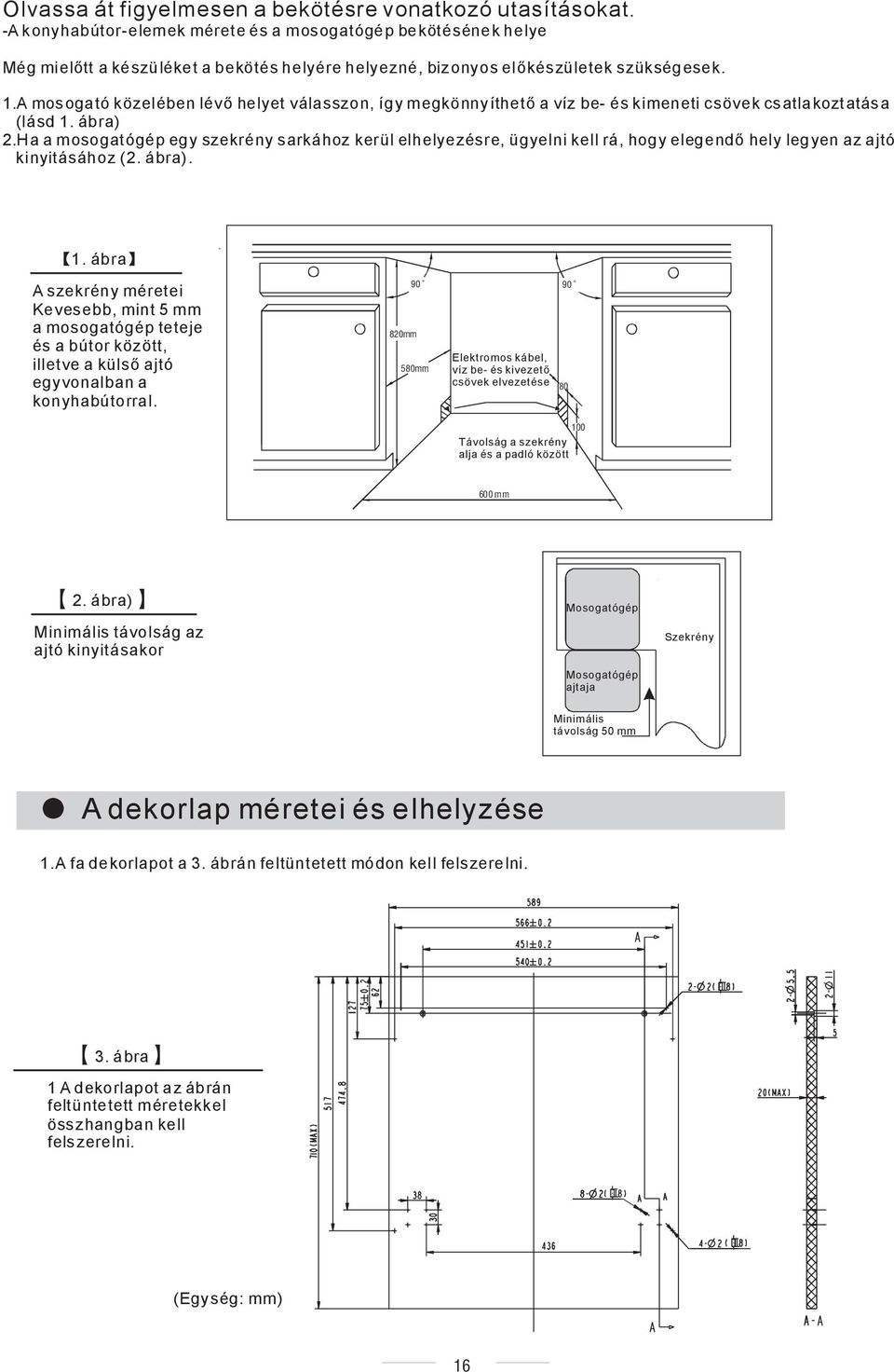 Haamosogatógépegyszekrénysarkáhozkerülelhelyezésre,ügyelnikellrá,hogyelegendhelylegyenazajtó kinyitásához( 2. ábra). 1.