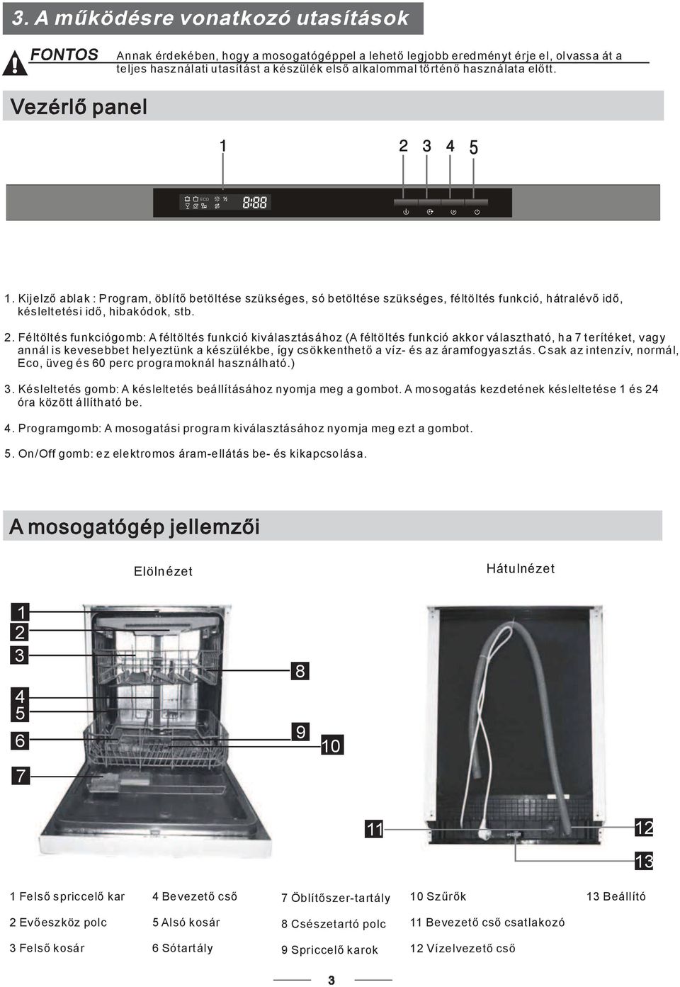 Féltöltés funkciógomb: A féltöltés funkció kiválasztásához(a féltöltés funkció akkor választható, ha 7 terítéket, vagy annáliskevesebbethelyeztünkakészülékbe,ígycsökkenthetavíz-ésazáramfogyasztás.