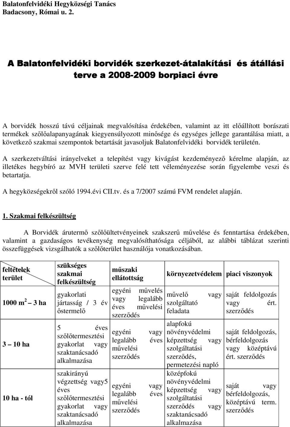 termékek szőlőalapanyagának kiegyensúlyozott minősége és egységes jellege garantálása miatt, a következő szakmai szempontok betartását javasoljuk Balatonfelvidéki borvidék területén.