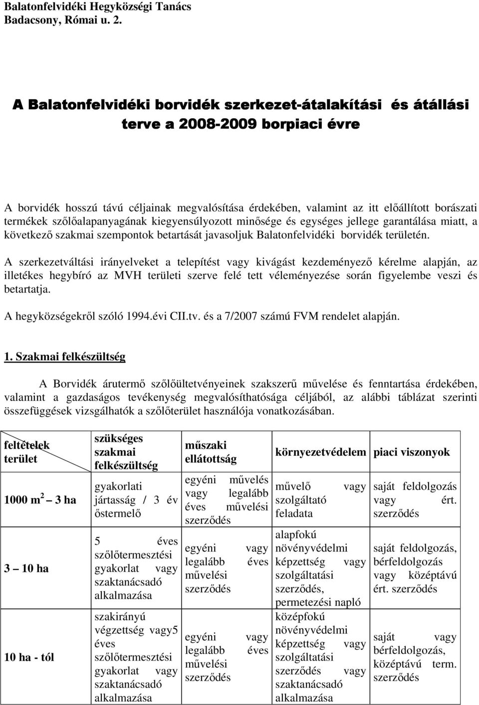 termékek szőlőalapanyagának kiegyensúlyozott minősége és egységes jellege garantálása miatt, a következő szakmai szempontok betartását javasoljuk Balatonfelvidéki borvidék területén.