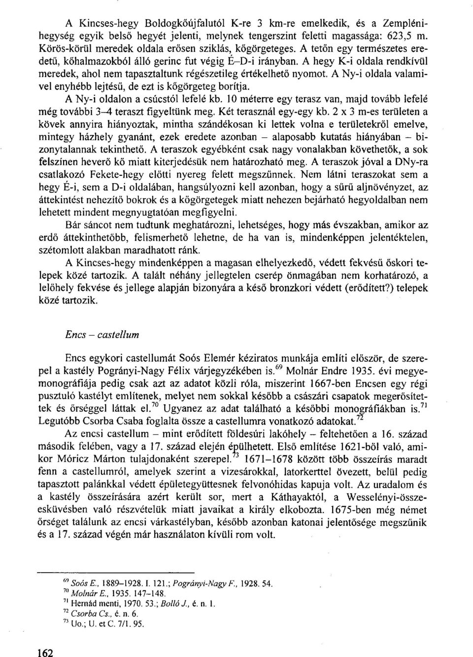 A hegy K-i oldala rendkívül meredek, ahol nem tapasztaltunk régészetileg értékelhető nyomot. A Ny-i oldala valamivel enyhébb lejtésű, de ezt is kőgörgeteg borítja. A Ny-i oldalon a csúcstól lefelé kb.