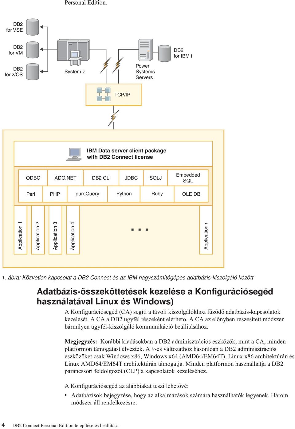 ábra: Közetlen kapcsolat a DB2 Connect és az IBM nagyszámítógépes adatbázis-kiszolgáló között Adatbázis-összeköttetések kezelése a Konfigurációsegéd használatáal Linux és Windows) A Konfigurációsegéd