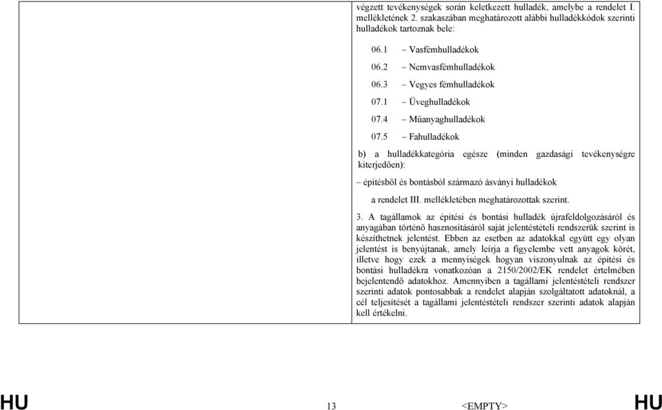 5 Fahulladékok b) a hulladékkategória egésze (minden gazdasági tevékenységre kiterjedően): építésből és bontásból származó ásványi hulladékok a rendelet III. mellékletében meghatározottak szerint. 3.