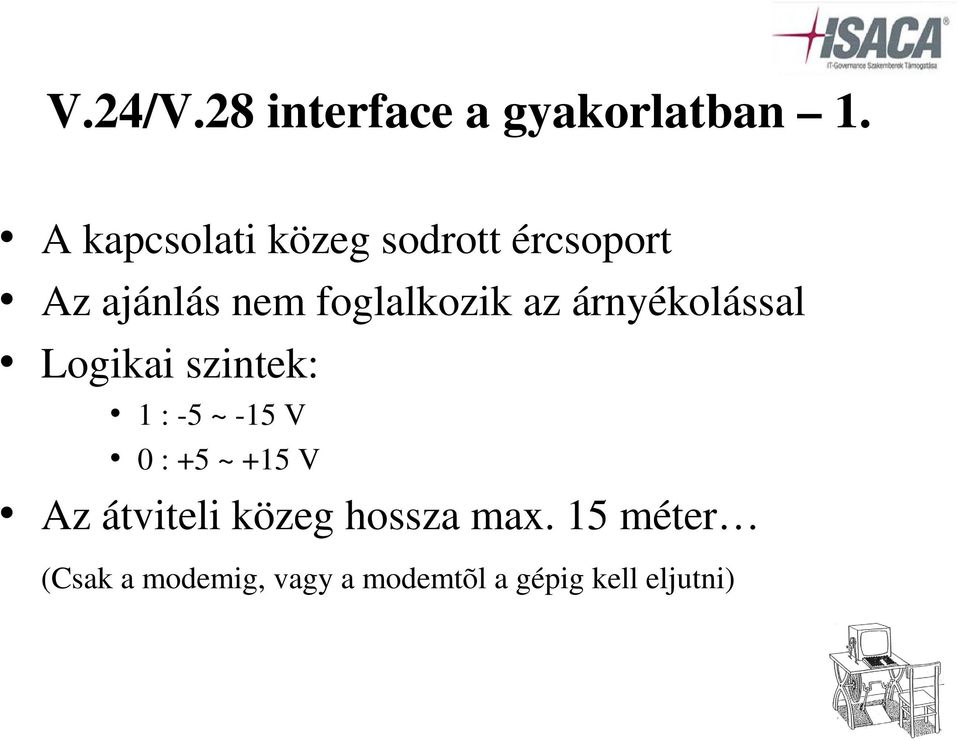 az árnyékolással Logikai szintek: 1 : -5 ~ -15 V 0 : +5 ~ +15 V