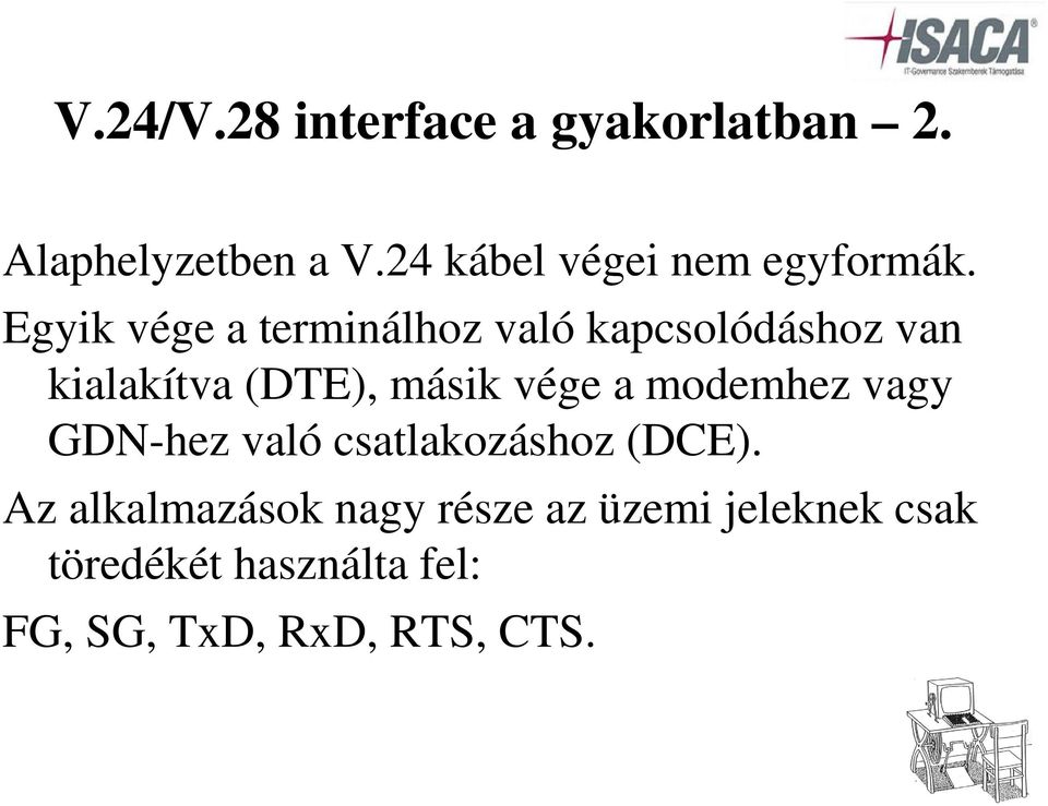 Egyik vége a terminálhoz való kapcsolódáshoz van kialakítva (DTE), másik vége a