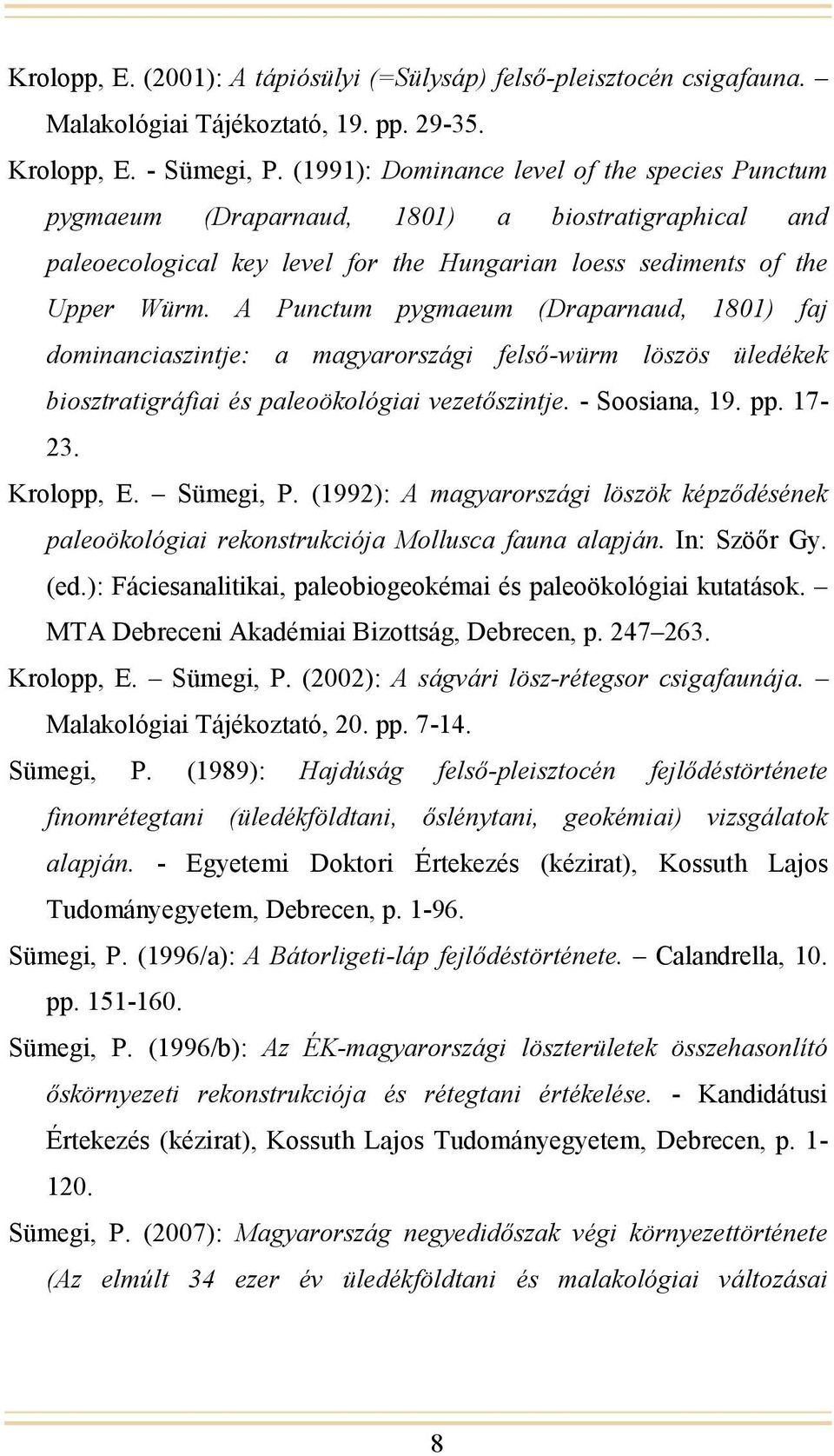 A Punctum pygmaeum (Draparnaud, 1801) faj dominanciaszintje: a magyarországi felső-würm löszös üledékek biosztratigráfiai és paleoökológiai vezetőszintje. - Soosiana, 19. pp. 17-23. Krolopp, E.