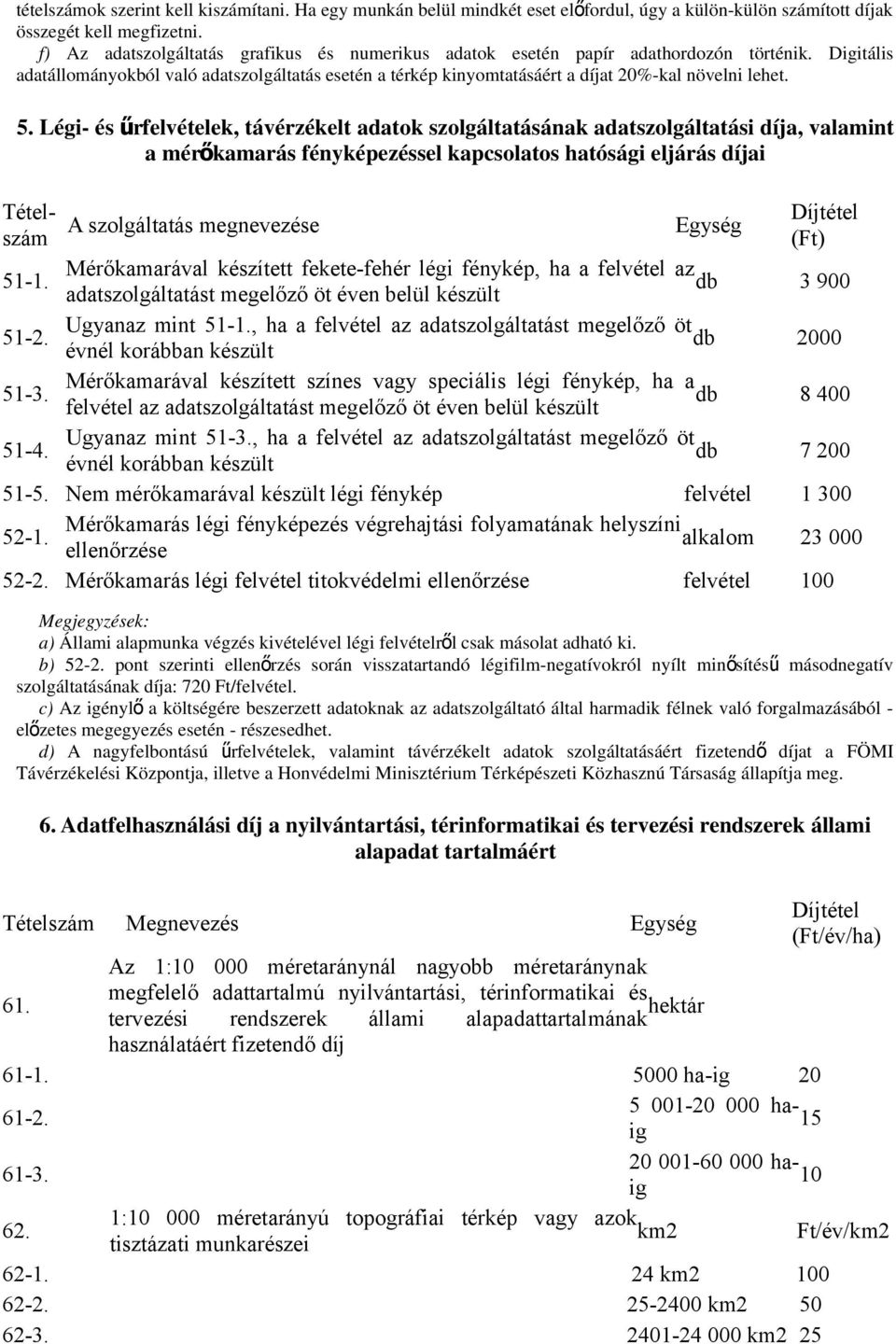 5. Légi- és ű rfelvételek, távérzékelt adatok szolgáltatásának adatszolgáltatási díja, valamint a mérőkamarás fényképezéssel kapcsolatos hatósági eljárás díjai Díjtétel 51-1.