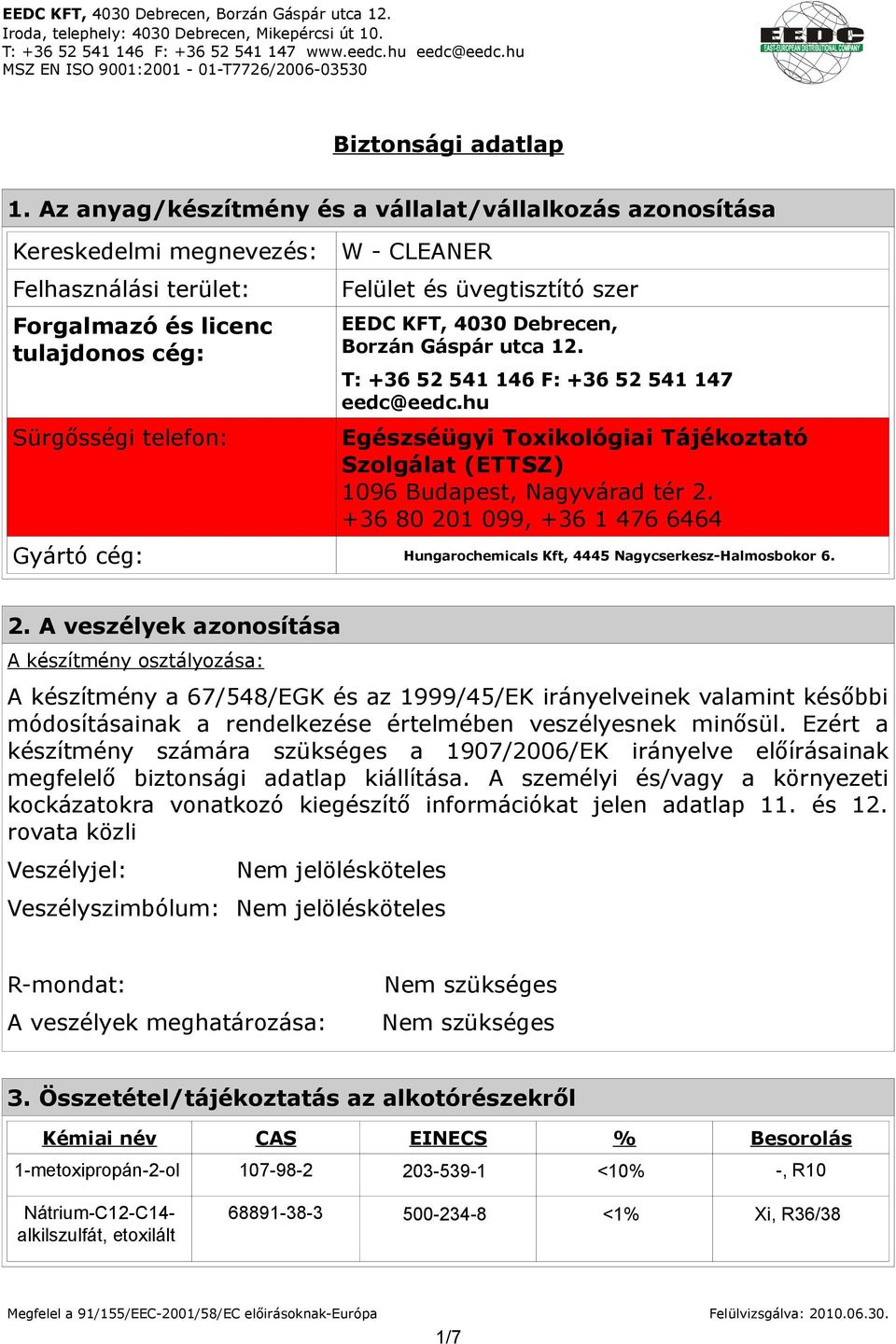 szer EEDC KFT, 4030 Debrecen, Borzán Gáspár utca 12. T: +36 52 541 146 F: +36 52 541 147 eedc@eedc.hu Egészséügyi Toxikológiai Tájékoztató Szolgálat (ETTSZ) 1096 Budapest, Nagyvárad tér 2.