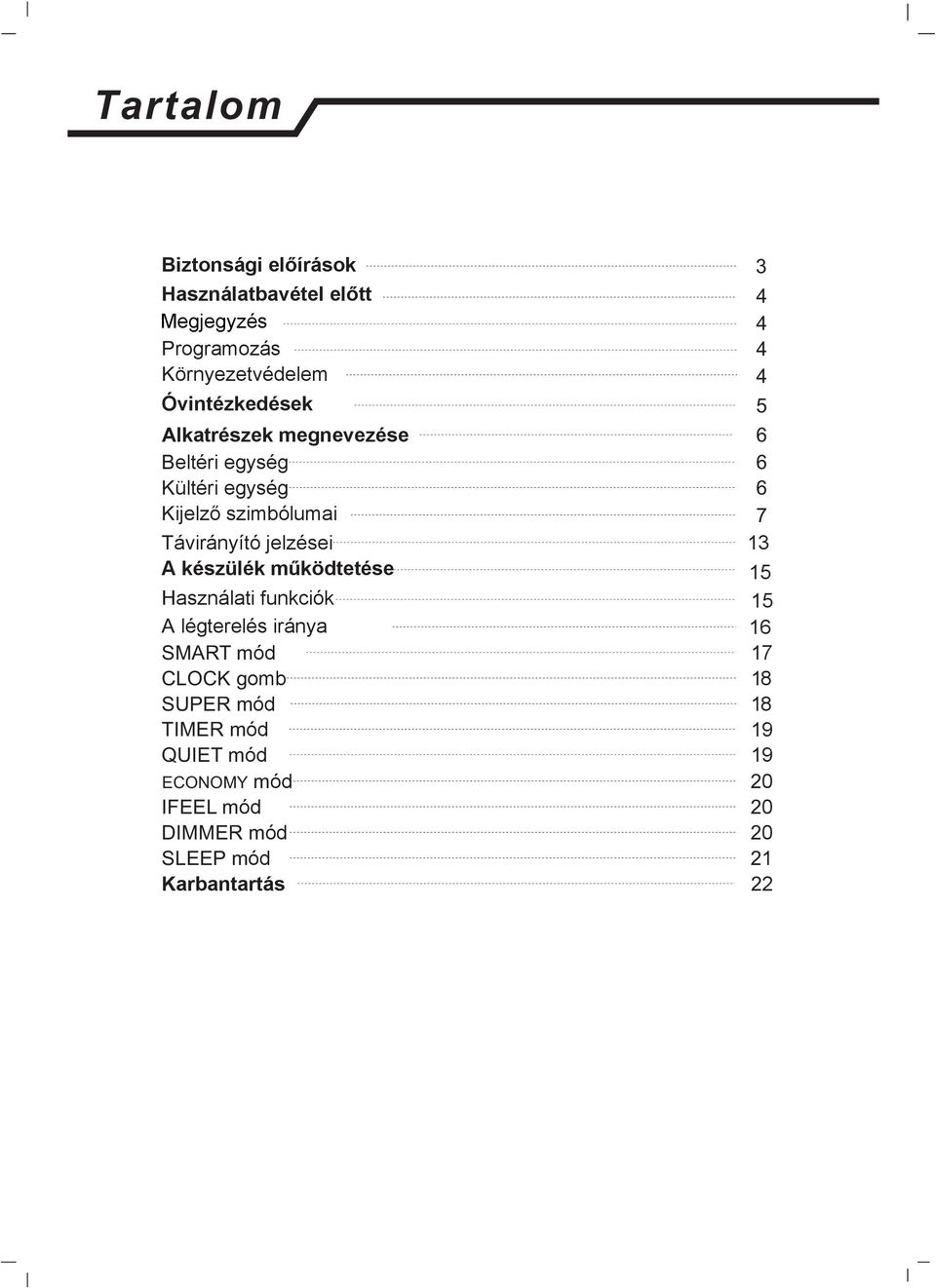 iránya 16 SMART mód 1 CLOCK gomb 18 SUPER mód 18 TIMER mód 19 QUIET mód 19 ECONOMY mód 20 IFEEL mód 20 DIMMER mód 20 SLEEP mód 21 Karbantartás