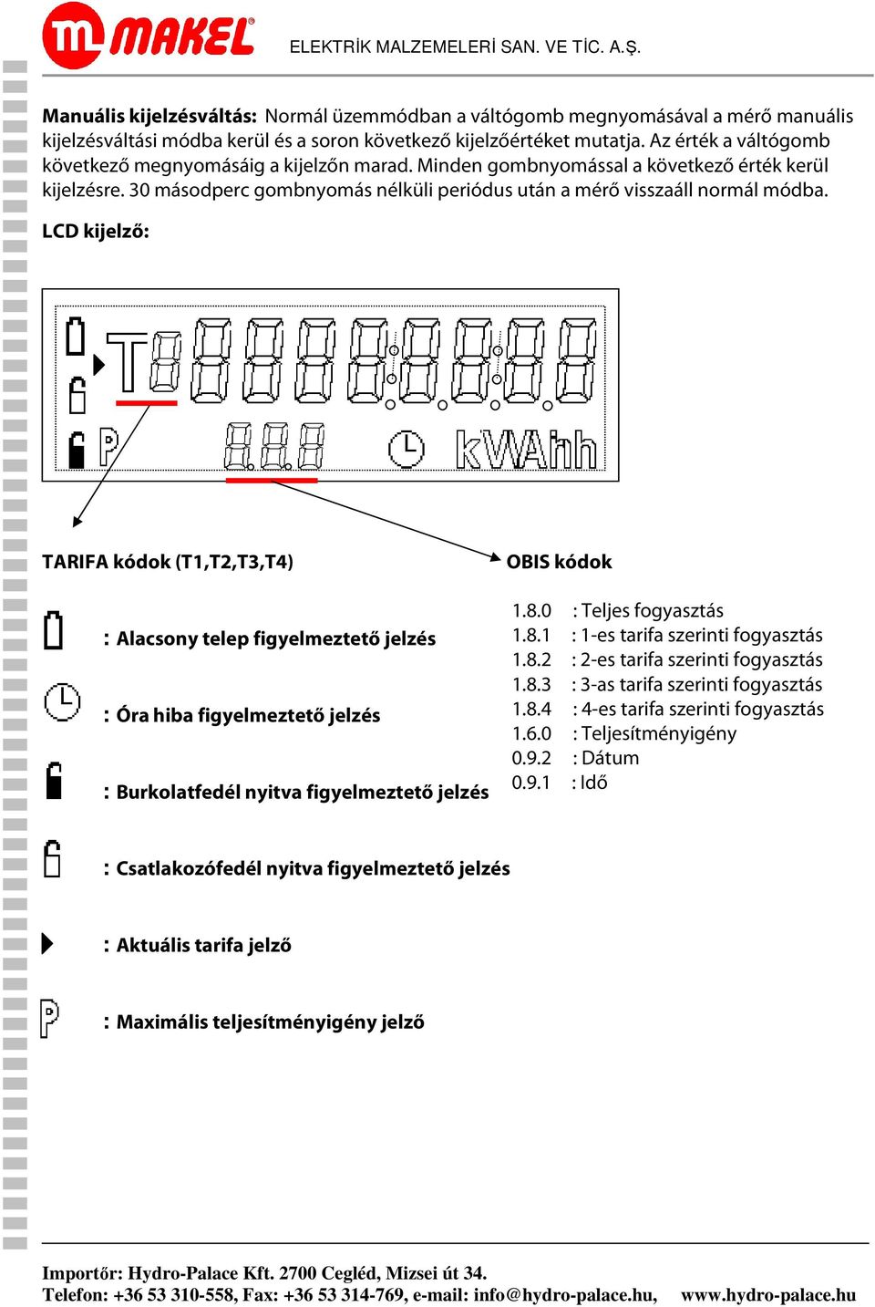 LCD kijelző: TARIFA kódok (T1,T2,T3,T4) : Alacsony telep figyelmeztető jelzés : Óra hiba figyelmeztető jelzés : Burkolatfedél nyitva figyelmeztető jelzés OBIS kódok 1.8.