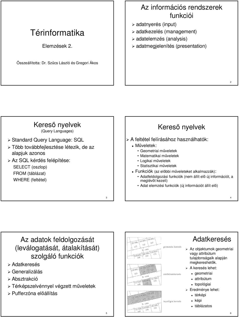 SELECT (oszlop) FROM (tábl blázat) WHERE (feltétel) tel) Kereső nyelvek A feltétel tel felírásához használhat lhatók: Műveletek: Geometriai műveletekm Matematikai műveletekm Logikai műveletekm