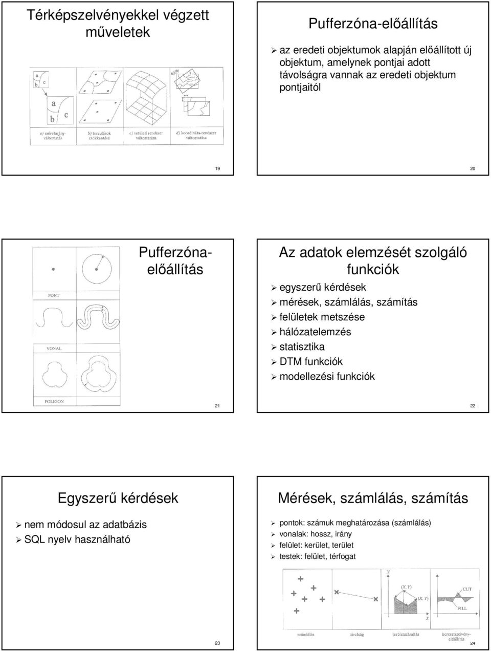 felületek letek metszé hálózatelemzés statisztika DTM funkciók i funkciók 21 22 Egyszerű kérdék nem módosul m az adatbázis SQL nyelv használhat lható Mérék,