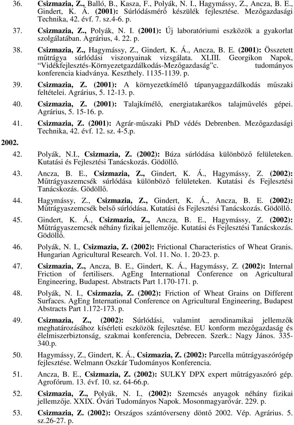 (2001): Összetett mőtrágya súrlódási viszonyainak vizsgálata. XLIII. Georgikon Napok, Vidékfejlesztés-Környezetgazdálkodás-Mezıgazdaság c. tudományos konferencia kiadványa. Keszthely. 1135-1139. p.