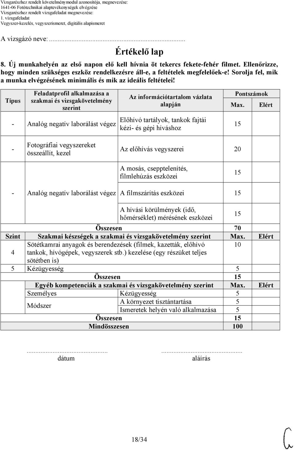 Típus Feladatprofil alkalmazása a szakmai és vizsgakövetelmény szerint - Analóg negatív laborálást végez Az információtartalom vázlata alapján Előhívó tartályok, tankok fajtái kézi- és gépi híváshoz