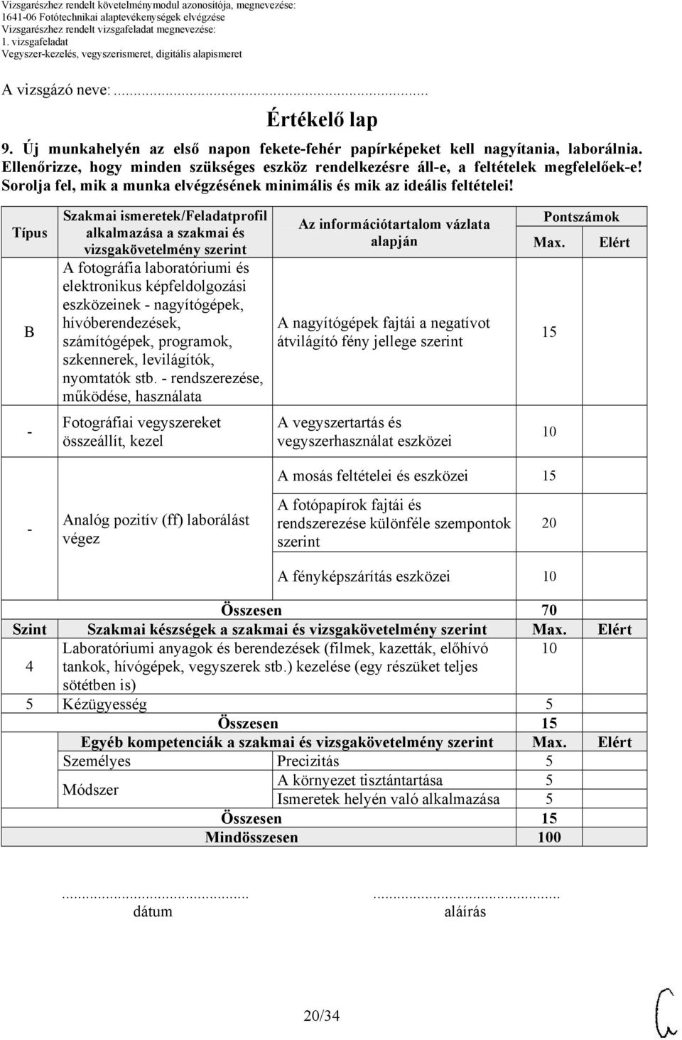 Típus B Szakmai ismeretek/feladatprofil alkalmazása a szakmai és vizsgakövetelmény szerint A fotográfia laboratóriumi és elektronikus képfeldolgozási eszközeinek - nagyítógépek, hívóberendezések,