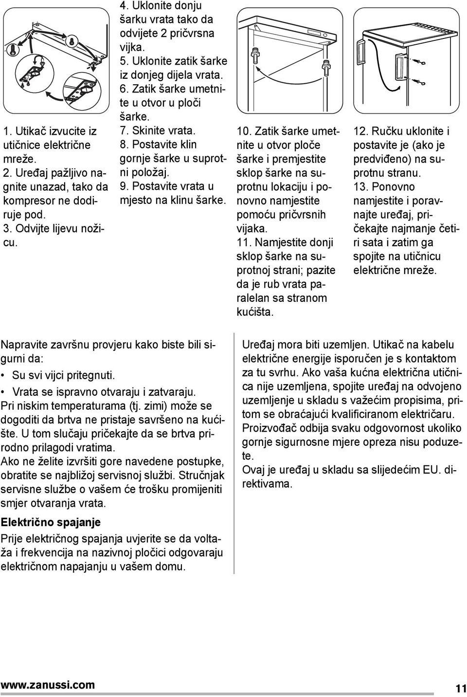 Postavite klin gornje šarke u suprotni položaj. 9. Postavite vrata u mjesto na klinu šarke. 10.