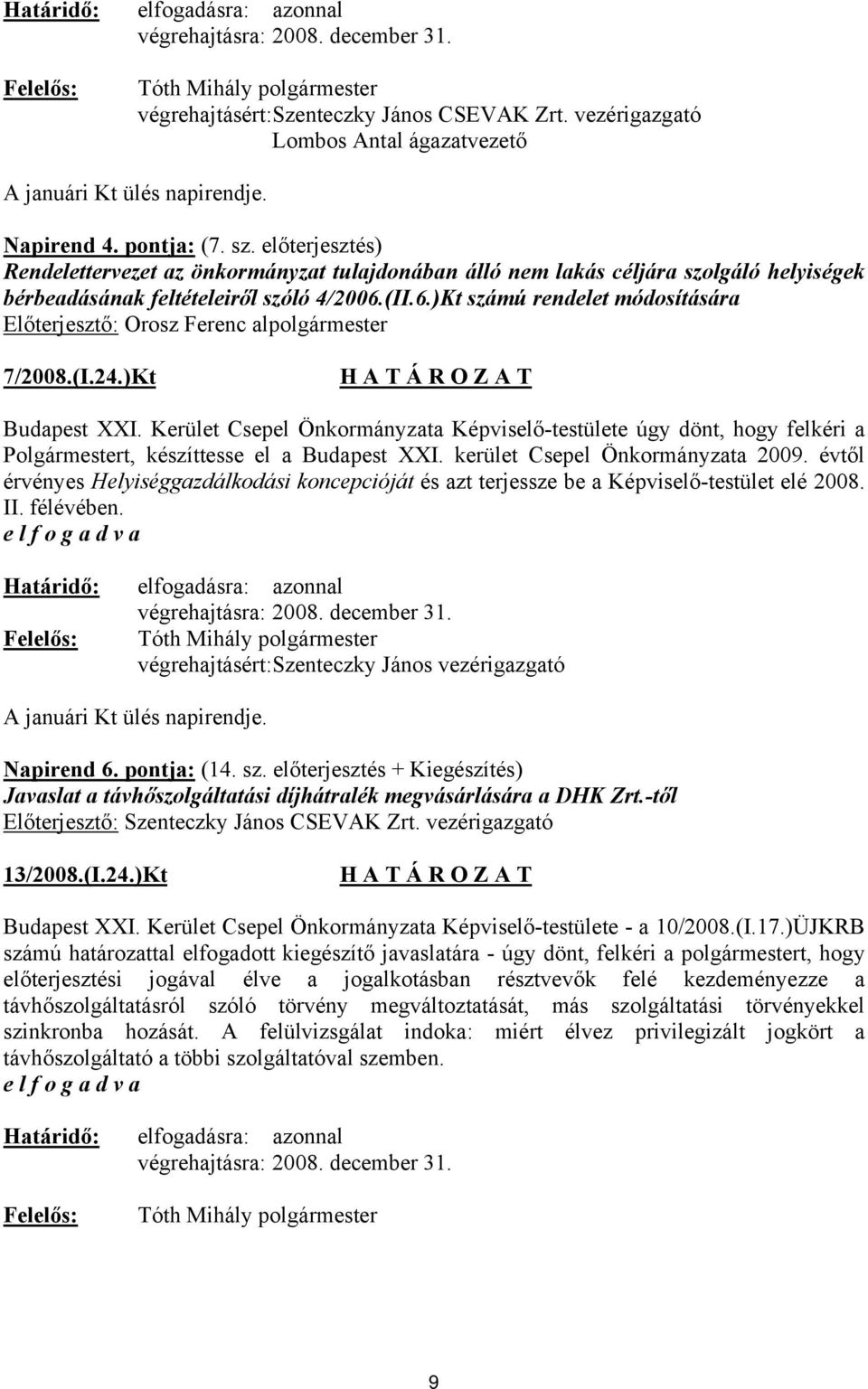 (II.6.)Kt számú rendelet módosítására Előterjesztő: Orosz Ferenc alpolgármester 7/2008.(I.24.)Kt Budapest XXI.