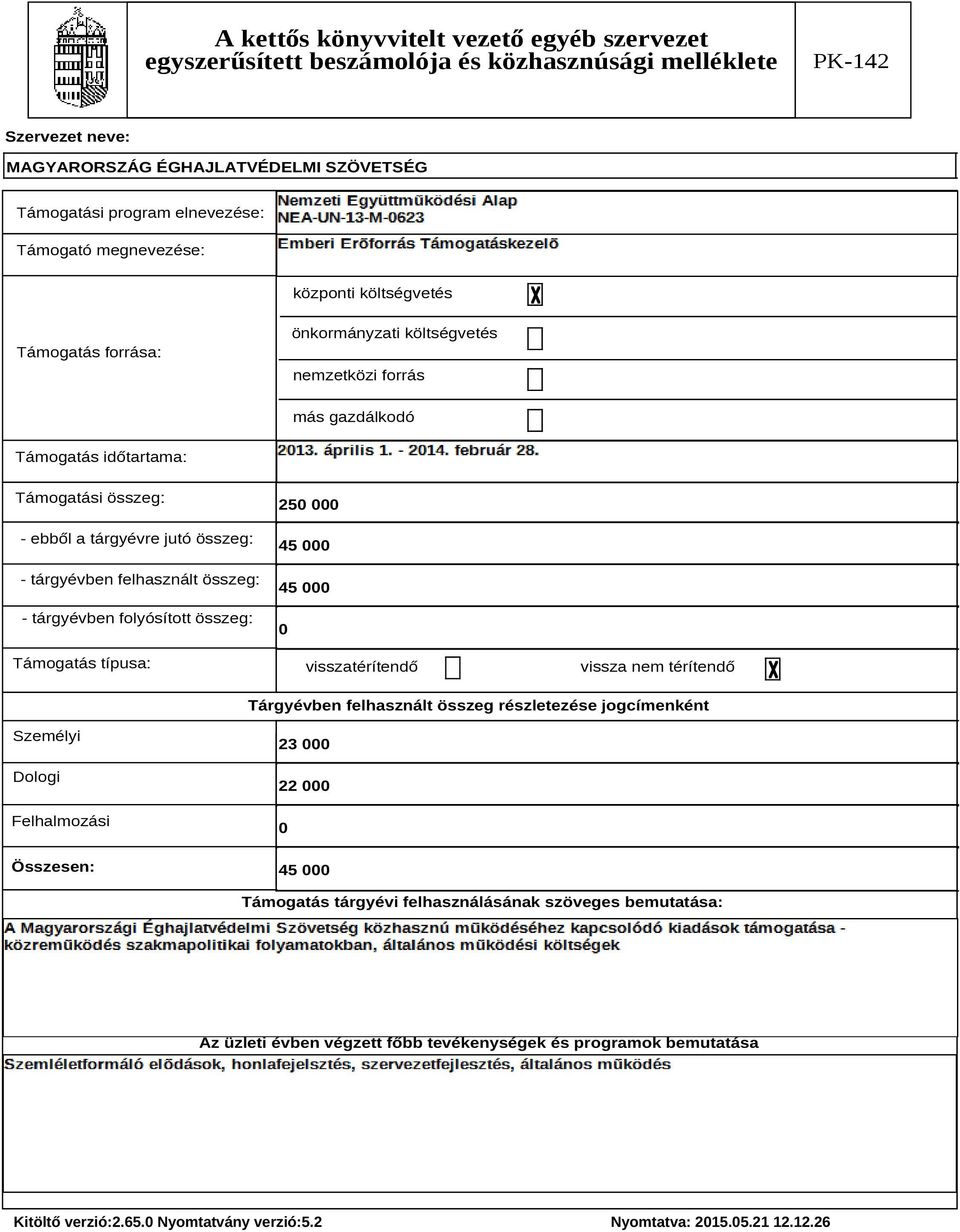 típusa: 250 000 45 000 45 000 0 visszatérítendő vissza nem térítendő Tárgyévben felhasznált összeg részletezése jogcímenként Személyi Dologi Felhalmozási