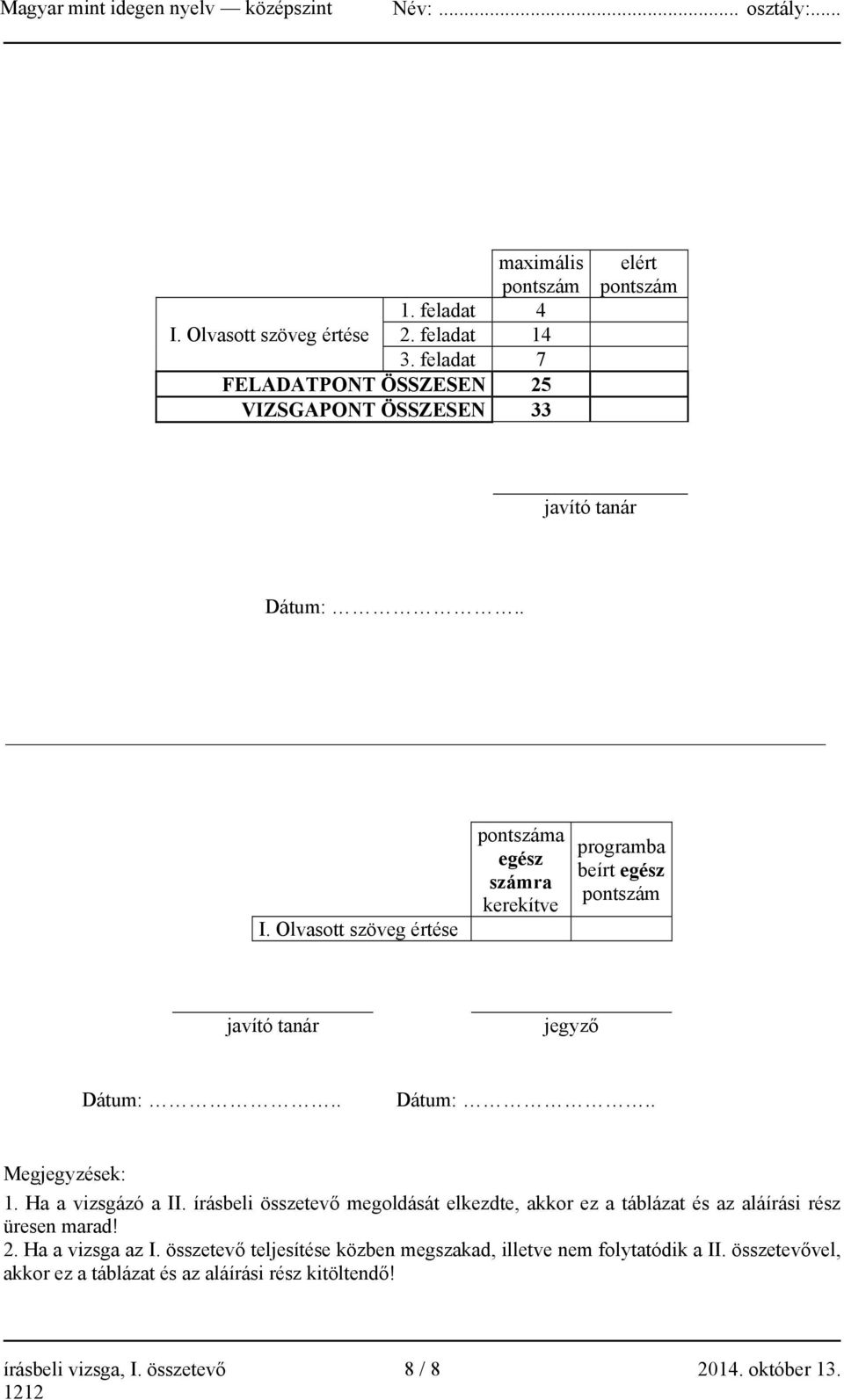 Olvasott szöveg értése pontszáma egész számra kerekítve programba beírt egész pontszám javító tanár jegyző Dátum:.. Dátum:.. Megjegyzések: 1.