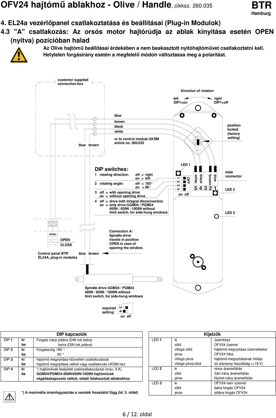 Helytelen forgásirány esetén a megfelelő módon változtassa meg a polaritást. customer supplied connection box Direction of rotation left DIP1=on right DIP1=off or to control module UKSM article no.