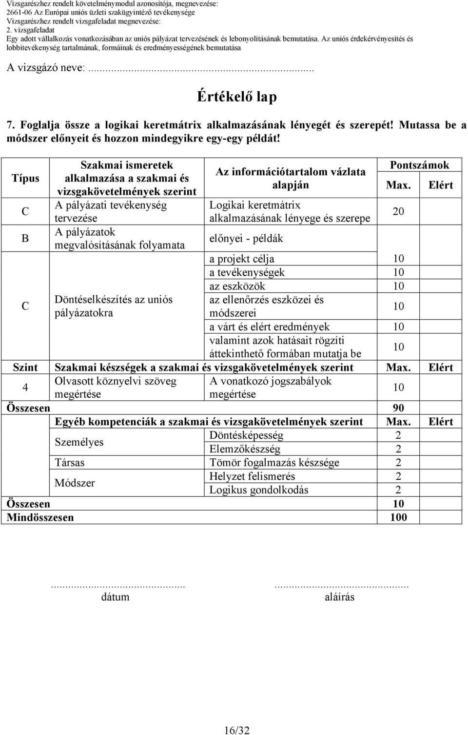 keretmátrix alkalmazásának lényege és szerepe elınyei - példák Pontszámok Max.