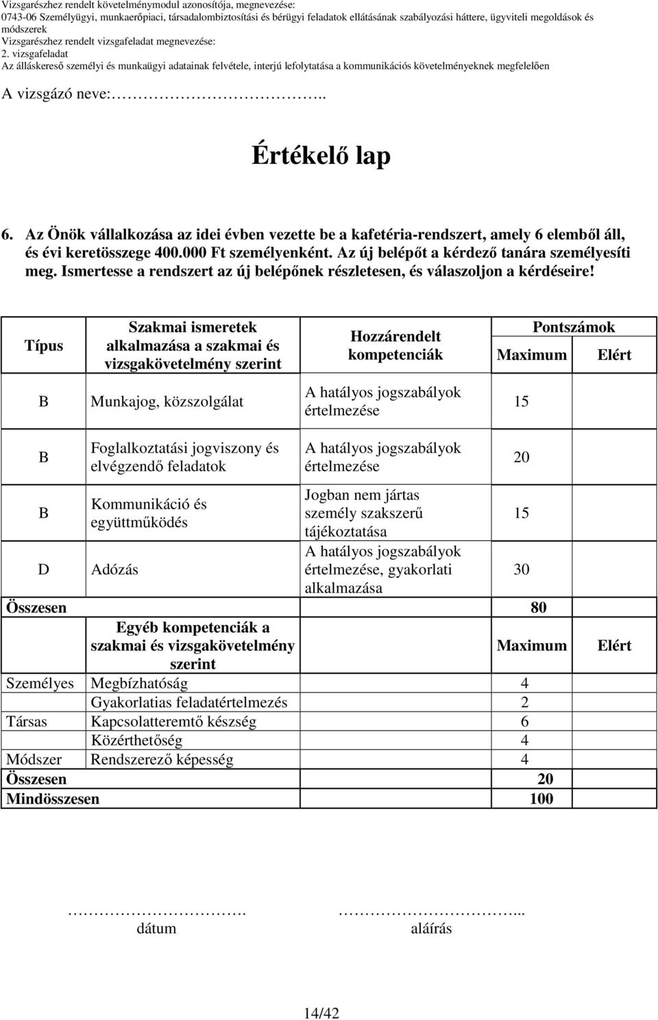 Típus Szakmai ismeretek alkalmazása a szakmai és vizsgakövetelmény szerint Hozzárendelt kompetenciák Pontszámok Maximum Elért Munkajog, közszolgálat 15 D Foglalkoztatási jogviszony és elvégzendı