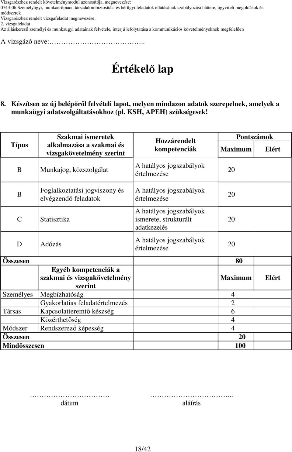 Típus Szakmai ismeretek alkalmazása a szakmai és vizsgakövetelmény szerint Hozzárendelt kompetenciák Pontszámok Maximum Elért Munkajog, közszolgálat C D Foglalkoztatási