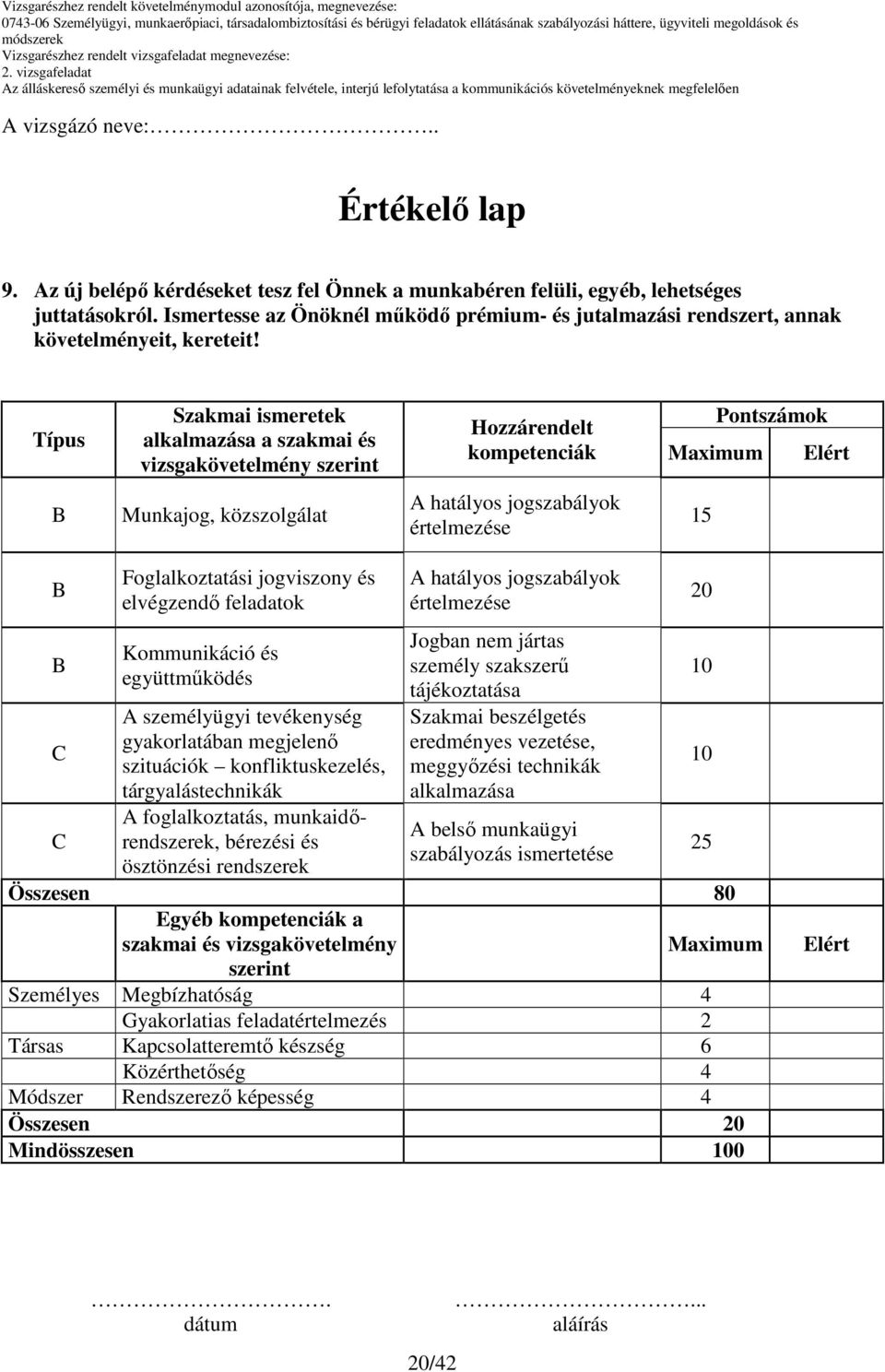 Típus Szakmai ismeretek alkalmazása a szakmai és vizsgakövetelmény szerint Hozzárendelt kompetenciák Pontszámok Maximum Elért Munkajog, közszolgálat 15 C C Foglalkoztatási jogviszony és elvégzendı