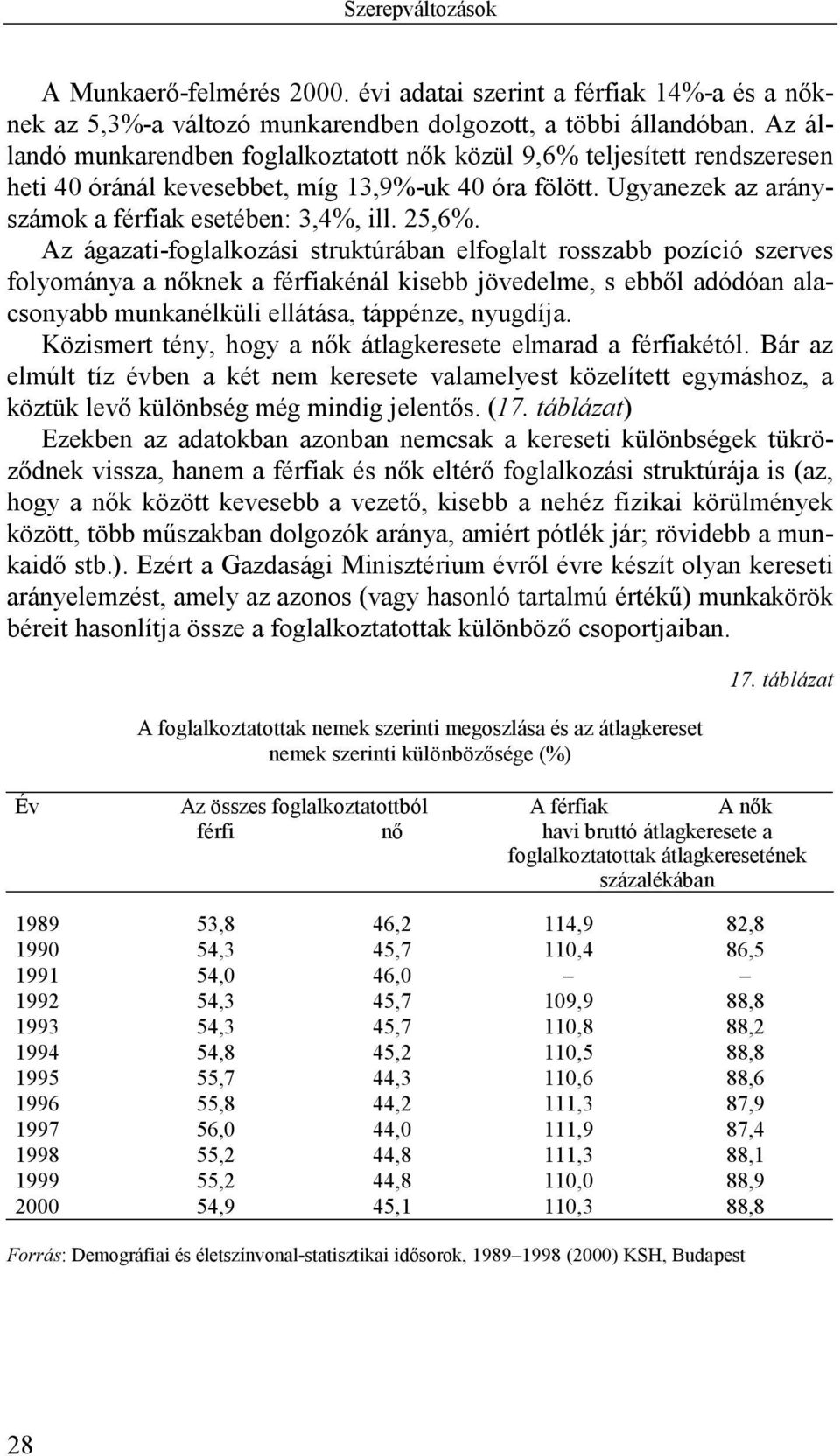 Az ágazati-foglalkozási struktúrában elfoglalt rosszabb pozíció szerves folyománya a nőknek a férfiakénál kisebb jövedelme, s ebből adódóan alacsonyabb munkanélküli ellátása, táppénze, nyugdíja.