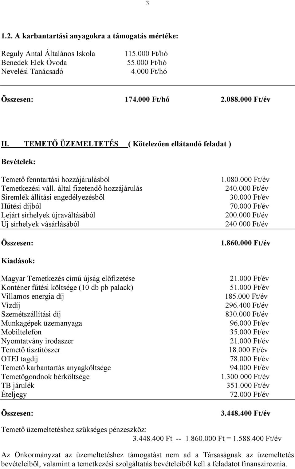 által fizetendő hozzájárulás Síremlék állítási engedélyezésből Hűtési díjból Lejárt sírhelyek újraváltásából Új sírhelyek vásárlásából 1.080.000 Ft/év 240.000 Ft/év 30.000 Ft/év 70.000 Ft/év 200.