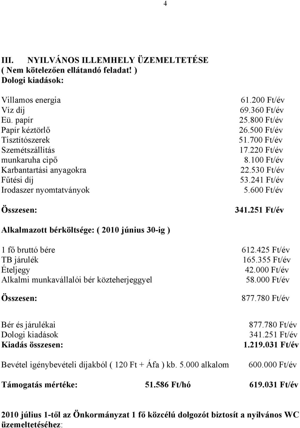 220 Ft/év 8.100 Ft/év 22.530 Ft/év 53.241 Ft/év 5.600 Ft/év 341.251 Ft/év Alkalmazott bérköltsége: ( 2010 június 30-ig ) 1 fő bruttó bére 612.425 Ft/év TB járulék 165.355 Ft/év Ételjegy 42.