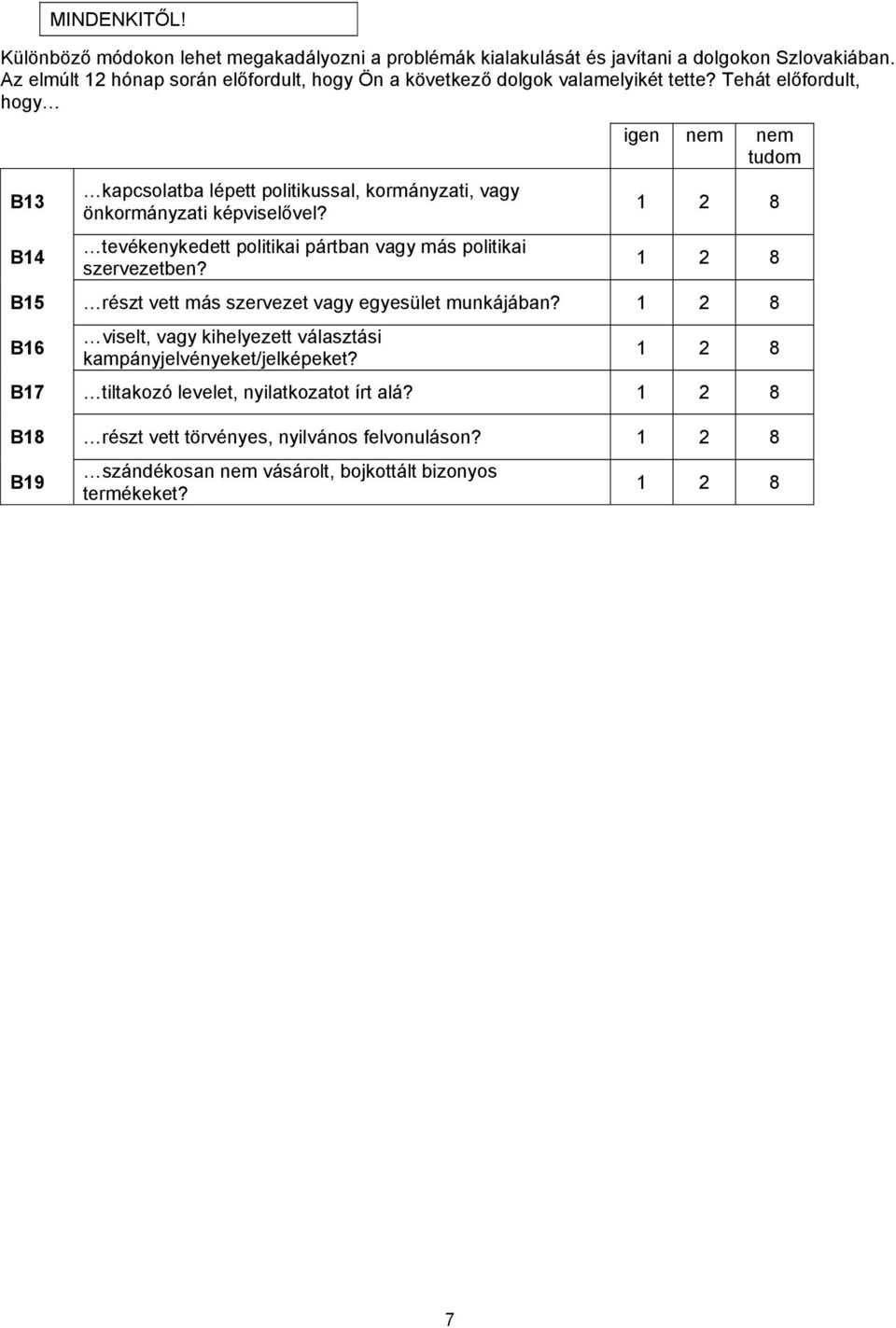 Tehát előfordult, hogy igen nem nem tudom B13 kapcsolatba lépett politikussal, kormányzati, vagy önkormányzati képviselővel?