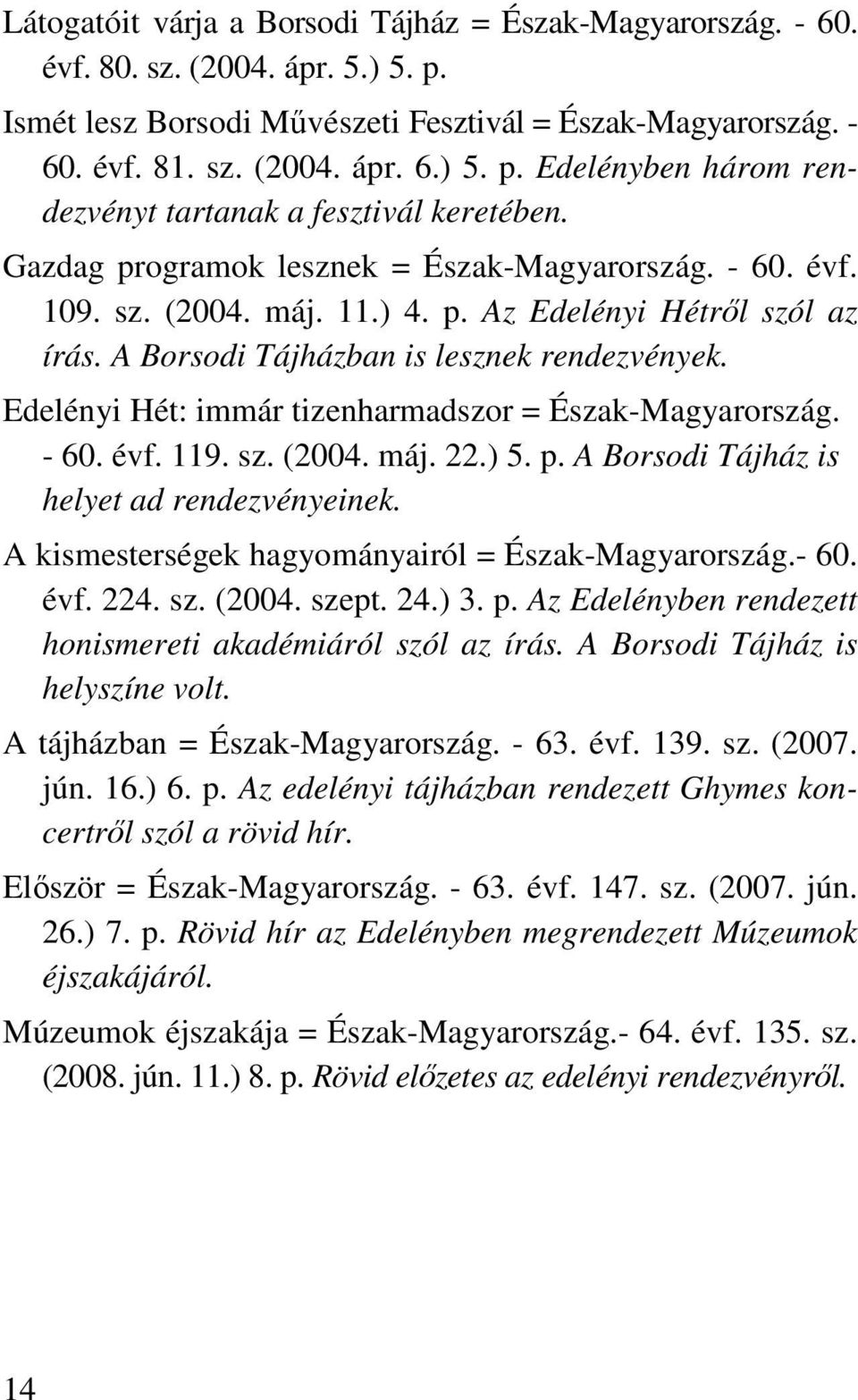 Edelényi Hét: immár tizenharmadszor = Észak-Magyarország. - 60. évf. 119. sz. (2004. máj. 22.) 5. p. A Borsodi Tájház is helyet ad rendezvényeinek.