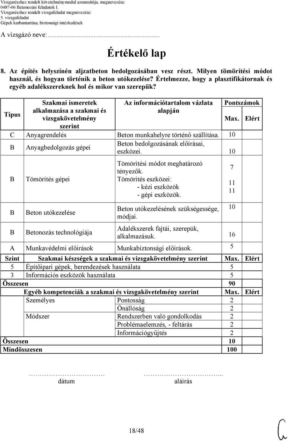 Típus Szakmai ismeretek alkalmazása a szakmai és vizsgakövetelmény szerint Az információtartalom vázlata alapján C Anyagrendelés Beton munkahelyre történő szállítása.