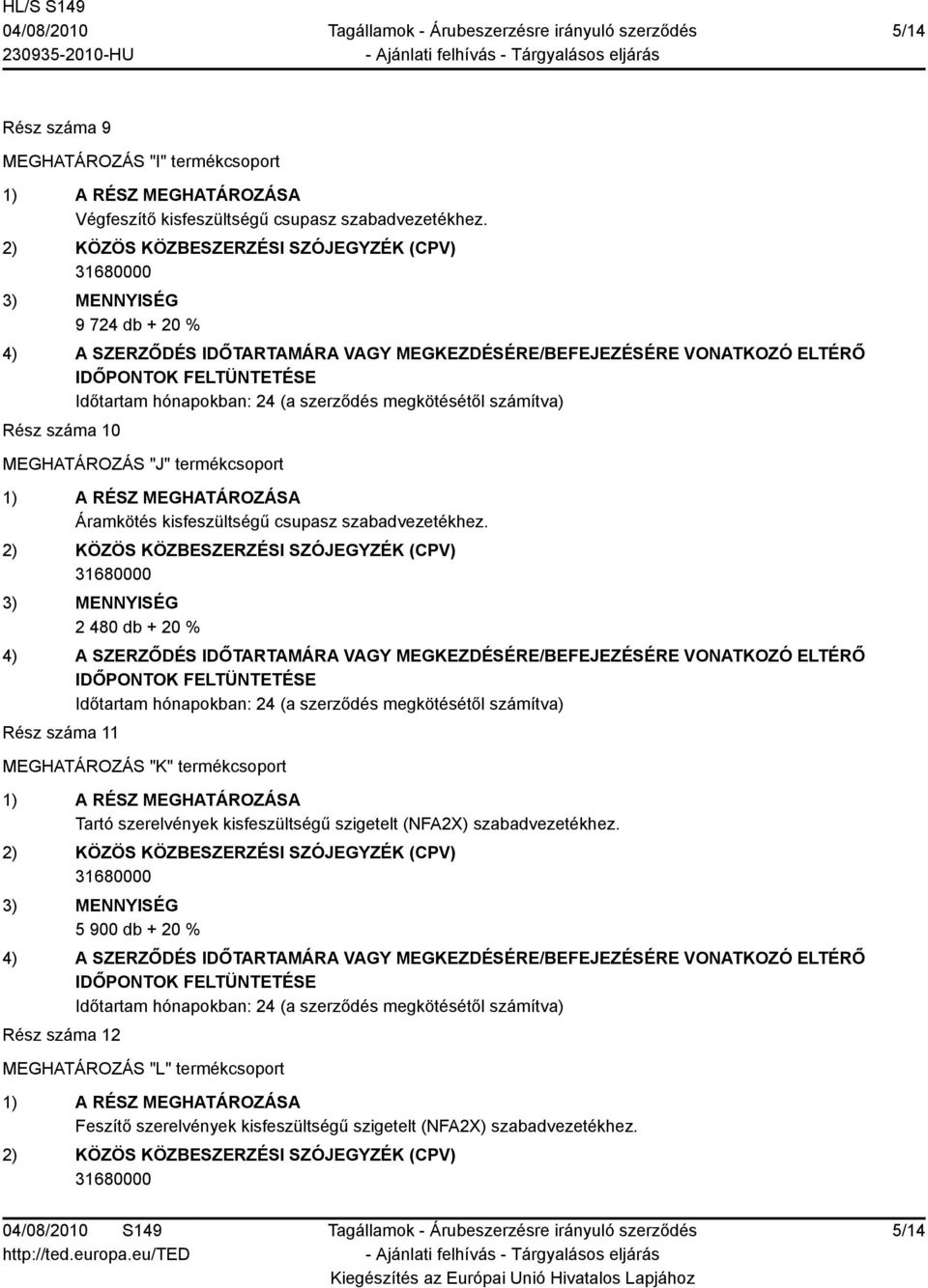 2 480 db + 20 % Rész száma 11 MEGHATÁROZÁS "K" termékcsoport Tartó szerelvények kisfeszültségű szigetelt (NFA2X)